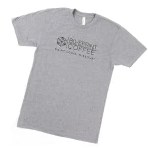 A grey American Apparel t-shirt bearing the Blueprint Coffee cube and text logo across the front.