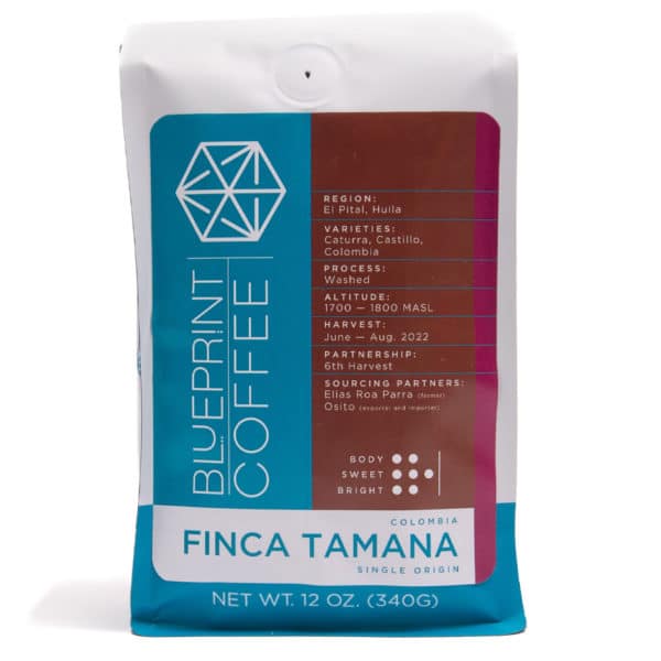 A 12-ounce bag of Finca Tamana, Colombia coffee beans roasted by Blueprint Coffee.