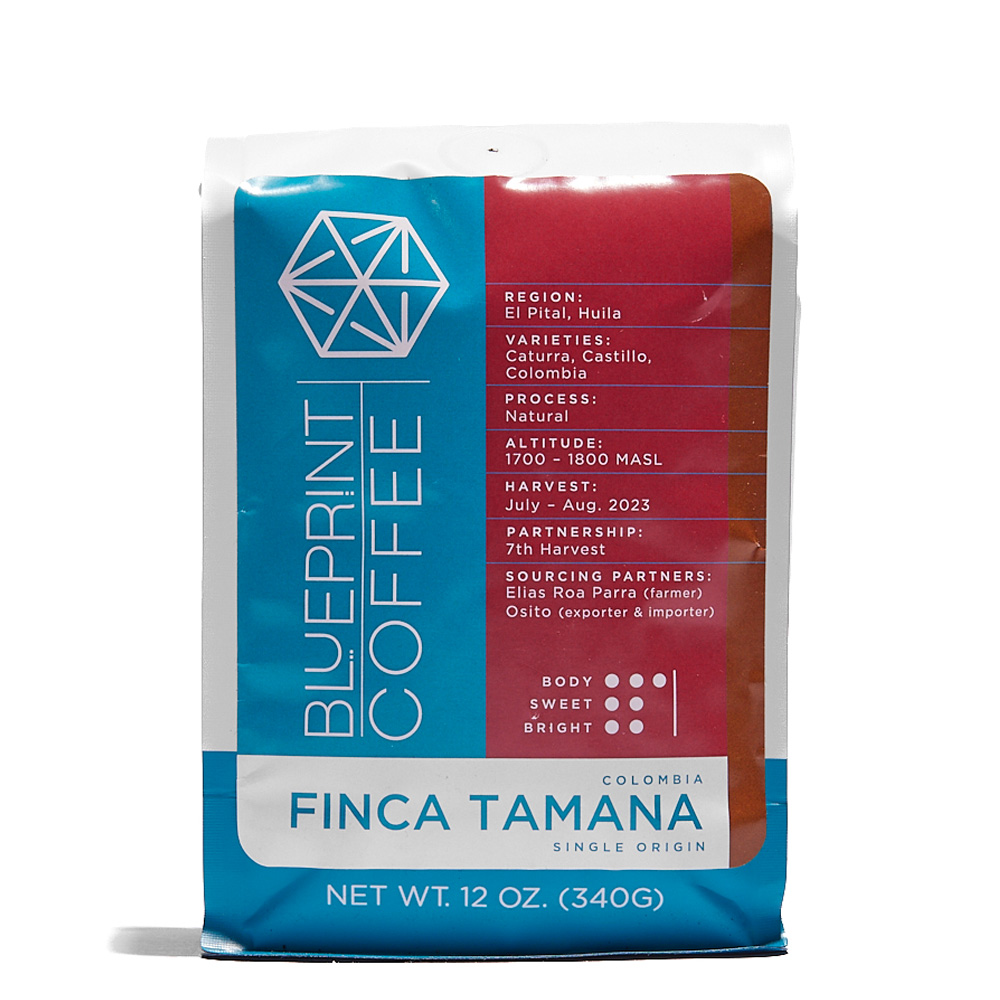 Finca Tamana, Colombia natural process coffee in a 12-ounce package. It features the Blueprint Coffee logo atop a blue stripe and details about the coffee on top of red and brown highlights.
