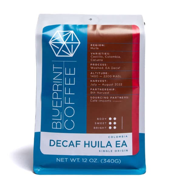 A 12-ounce bag of Decaf Huila EA, Colombia coffee beans roasted by Blueprint Coffee.