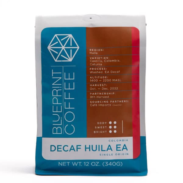 A 12-ounce bag of Decaf Huila EA, Colombia coffee beans roasted by Blueprint Coffee.