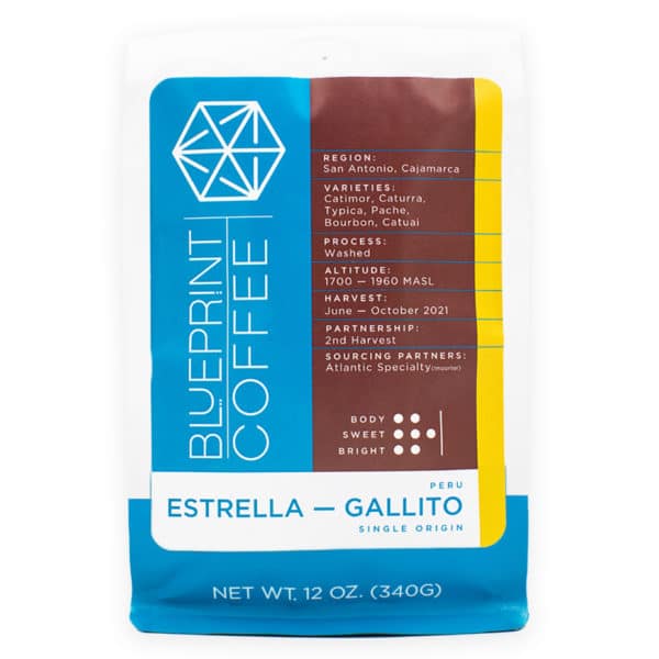 A bag of Estrella – Gallito coffee beans, which are grown in Cajamarca, Peru and roasted at Blueprint Coffee.