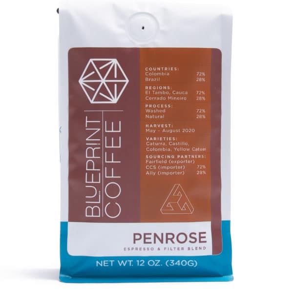 A twelve ounce bag of Penrose coffee beans roasted by Blueprint Coffee.