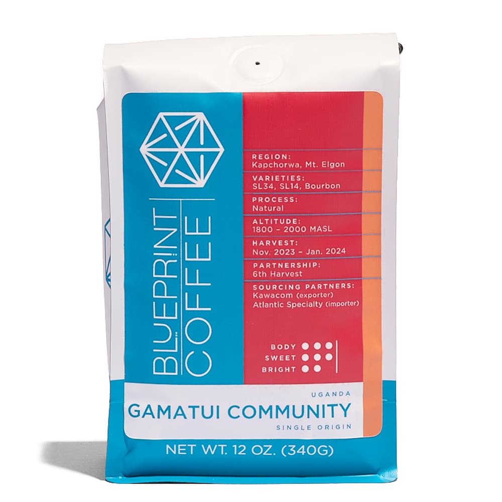 A 12-ounce bag of coffee beans from the Gamatui Community in Uganda. The package is blue, red, and orange and features the Blueprint Coffee logo.