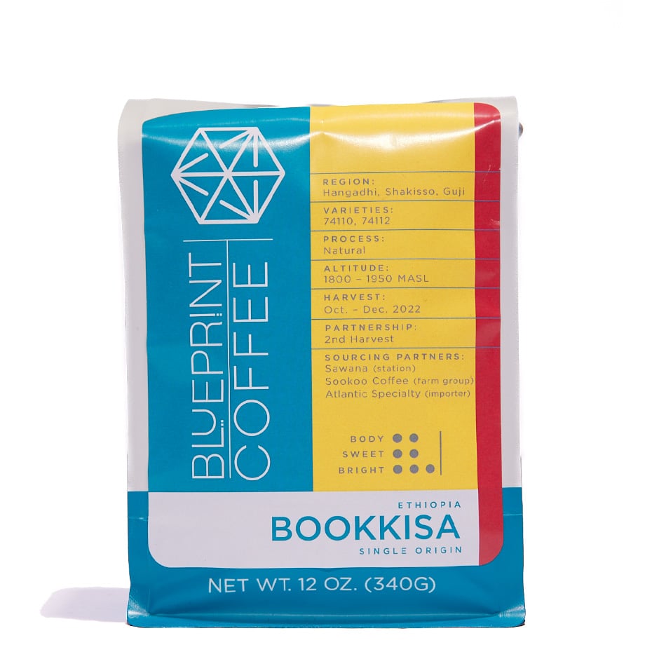 A 12-ounce bag of Bookkisa, Ethiopia coffee beans with the Blueprint Coffee logo in blue on the left side of the bag and information on the right side of the bag.
