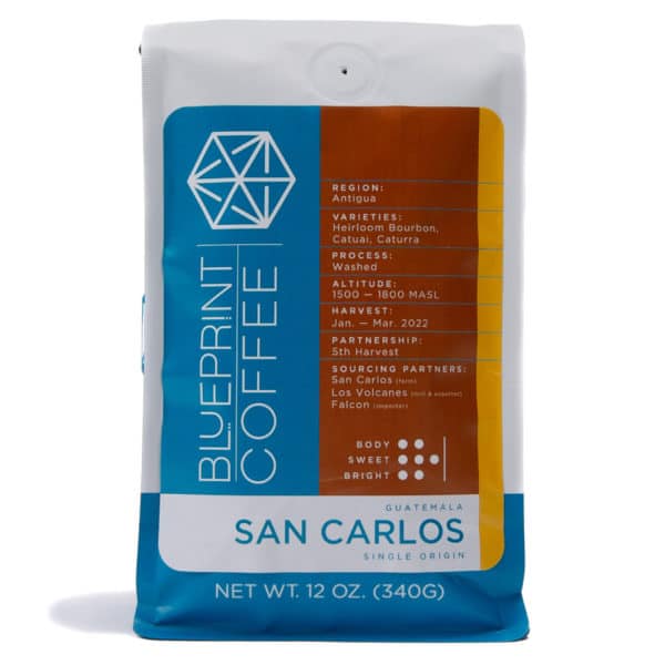 A 12oz bag of San Carlos, Guatemala coffee beans roasted by Blueprint Coffee.