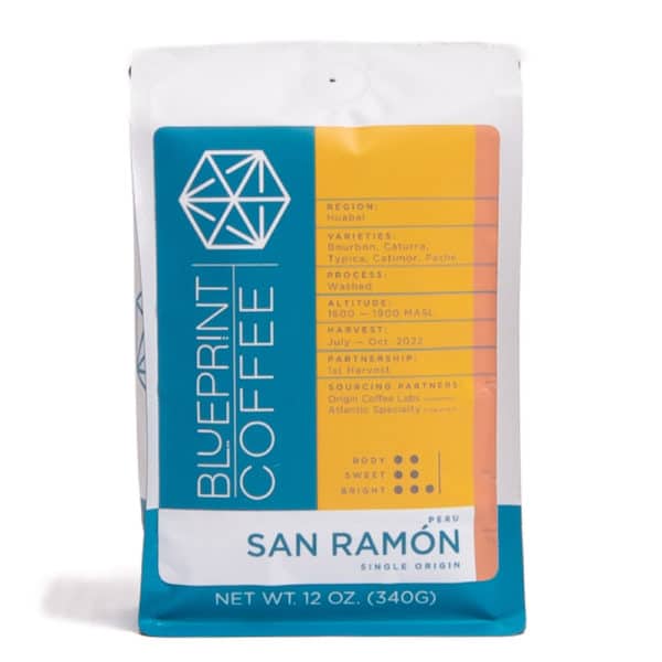 A 12-ounce bag of San Ramōn, Peru single origin coffee beans roasted by Blueprint Coffee.