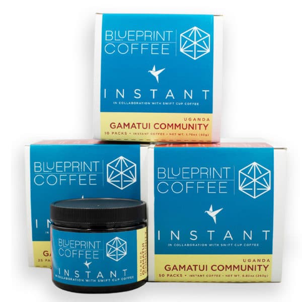 Our instant coffee from the Gamatui Community in Uganda comes in multiple formats and sizes.