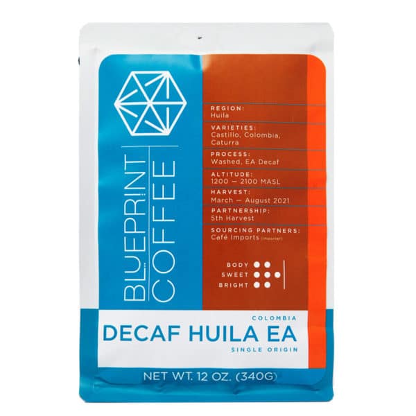 A 12 ounce bag of Decaf Huila EA coffee beans grown in Colombia and roasted by Blueprint Coffee.