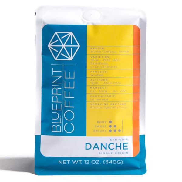 A 12-ounce bag of Danche, Ethiopia coffee beans roasted by Blueprint Coffee.