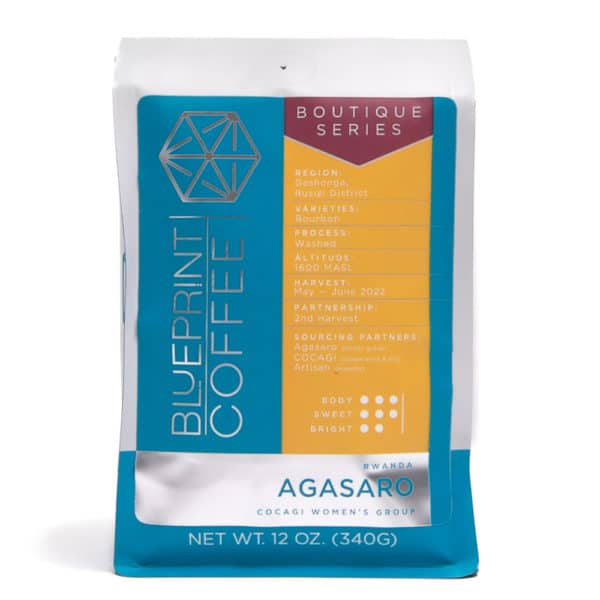 A 12-ounce bag of Blueprint Coffee Boutique Series Agasaro coffee beans. The bag features Blueprint's blue and white logo with deep yellow and burgundy accents.