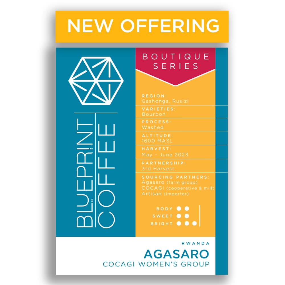 A 12-ounce bag of Blueprint Coffee Boutique Series Agasaro coffee beans. The bag features Blueprint's blue and white logo with deep yellow and red accents.