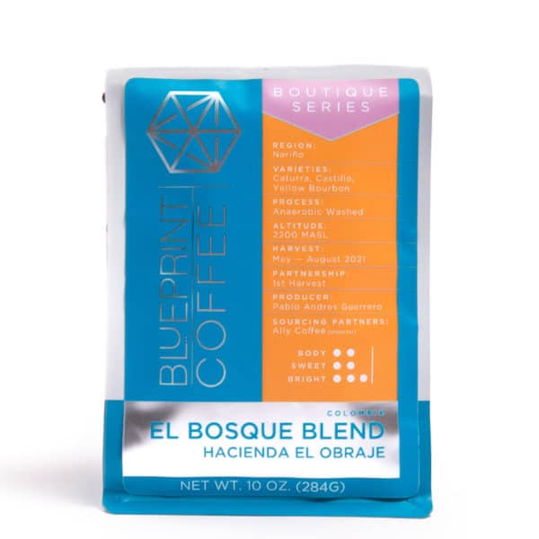 A bag of Blueprint Coffee's El Bosque Blend from El Obraje Farm in Colombia.
