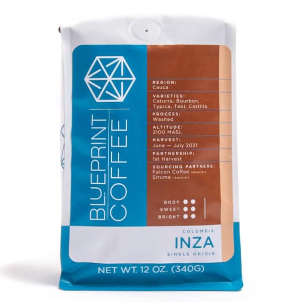A 12-ounce bag of coffee beans from Inza, Colombia roasted by Blueprint Coffee.