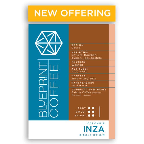 A 12-ounce bag of coffee beans from Inza, Colombia roasted by Blueprint Coffee.