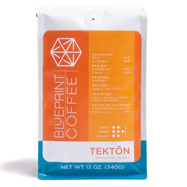 A 12-ounce bag of Tektōn blend coffee beans roasted by Blueprint Coffee.