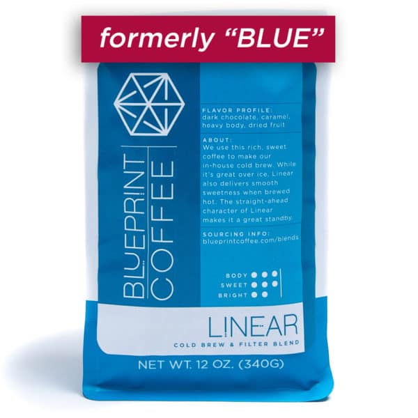 A 12-oz bag of Linear Cold Brew Blend coffee beans, roasted by Blueprint Coffee.