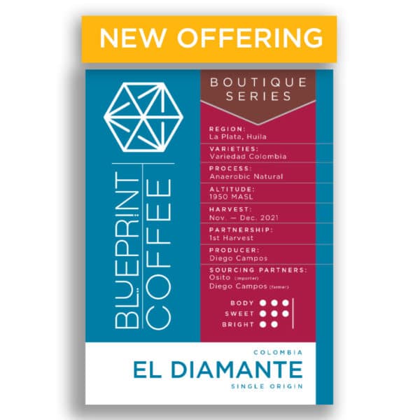 A 10-ounce bag of El Diamante, Colombia coffee beans roasted by Blueprint Coffee.