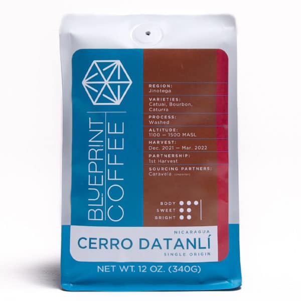A 12-ounce bag of Cerro Datanlí, Nicaragua Coffee Beans roasted by Blueprint Coffee.