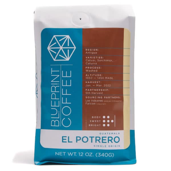 A 12-ounce bag of El Potrero, Guatemala whole bean coffee roasted by Blueprint Coffee.