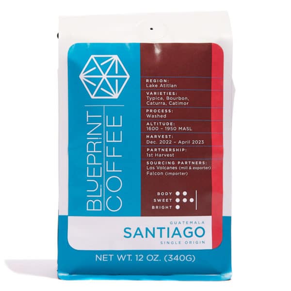 A 12oz bag of Santiago, Guatemala coffee beans roasted by Blueprint Coffee.