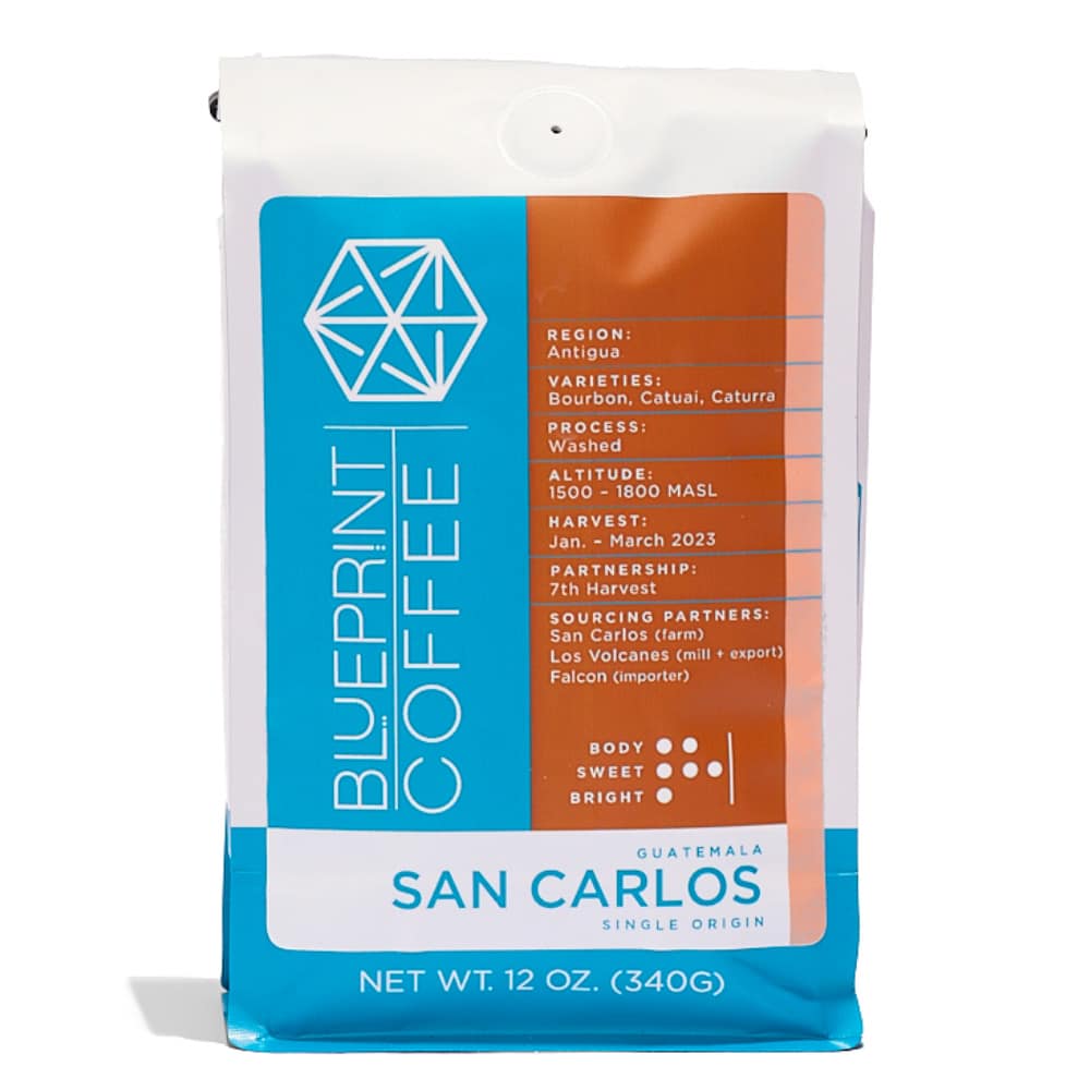 A 12oz bag of San Carlos, Guatemala coffee beans roasted by Blueprint Coffee.