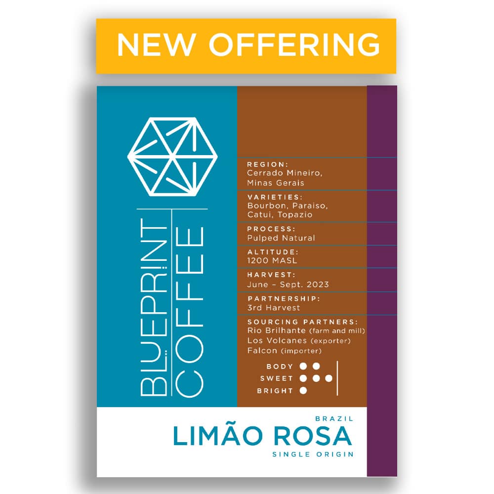 A 12-ounce bag of Limão Rosa, Brazil. It features the Blueprint Coffee logo in blue and white and coffee information in brown and white.