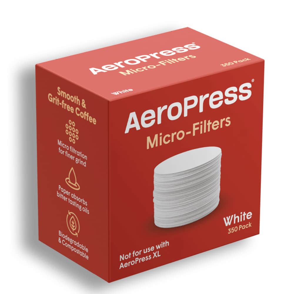 A red box containing 350 aeropress paper filters. The box shows a photo of the filters on the front.