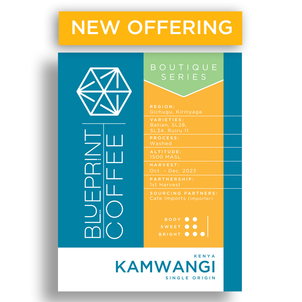 A 12-ounce bag of Kamwangi, Kenya coffee beans with a yellow and blue label containing coffee stats and the Blueprint Coffee logo.