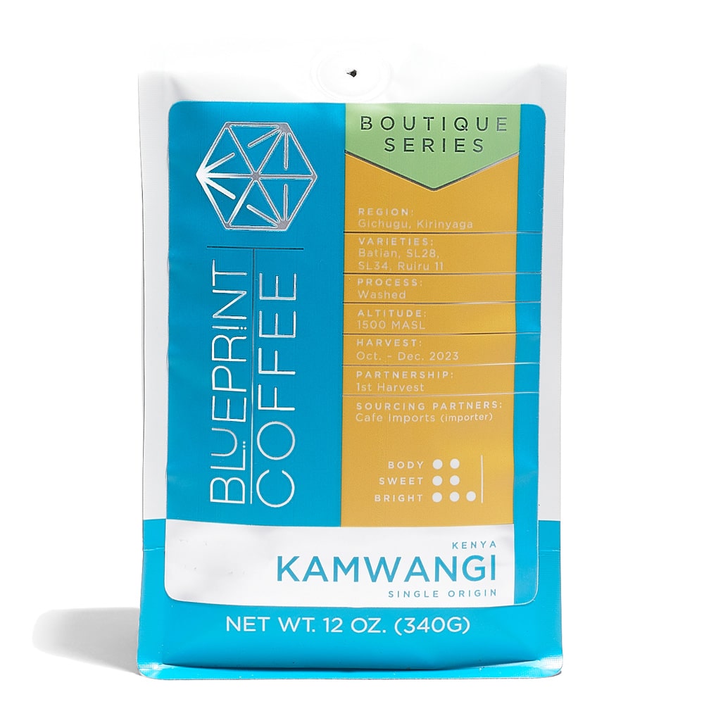 A 12-ounce bag of Kamwangi, Kenya coffee beans with a yellow and blue label containing coffee stats and the Blueprint Coffee logo.