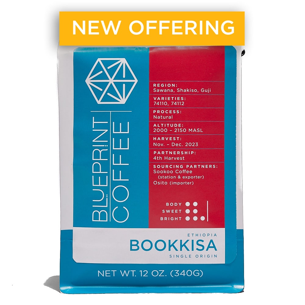 A 12-ounce bag of Bookkisa, Ethiopia coffee beans with the Blueprint Coffee logo in blue and information about the coffee on the right with a red background.