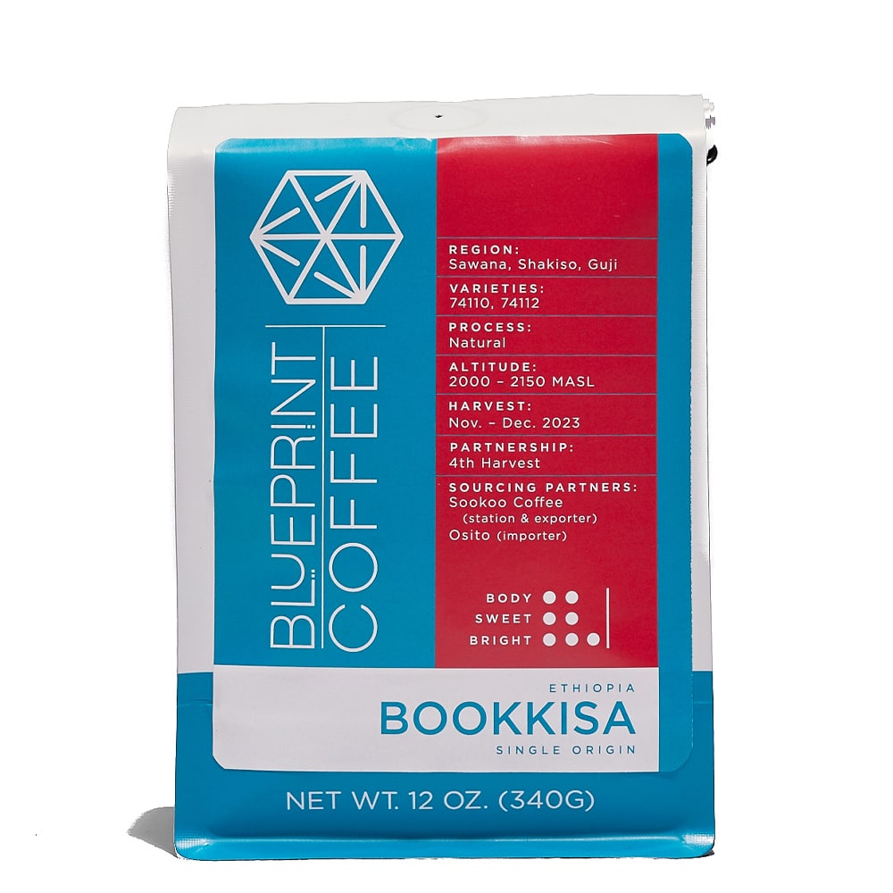 A 12-ounce bag of Bookkisa, Ethiopia coffee beans with the Blueprint Coffee logo in blue and information about the coffee on the right with a red background.