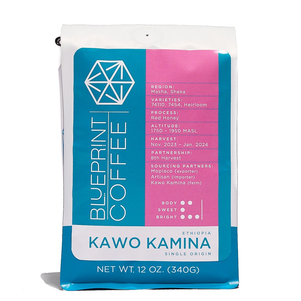 A 12-ounce bag of coffee beans bearing the Blueprint Coffee logo in blue on the left and information about the coffee on the right. The bag is titled Kawo Kamina.