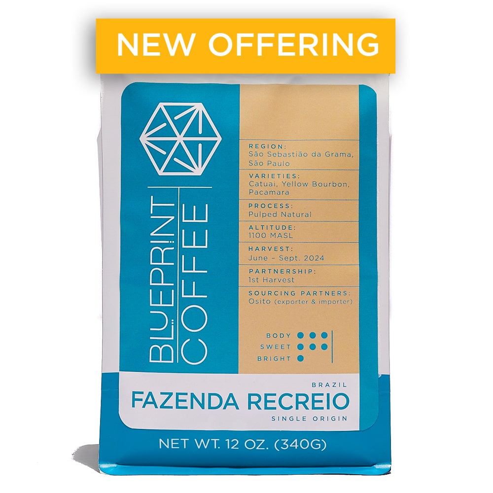 A 12-ounce bag of coffee beans bearing the Blueprint Coffee logo in blue on the left and information about the coffee on the right. The bag is titled Fazenda Recreio.