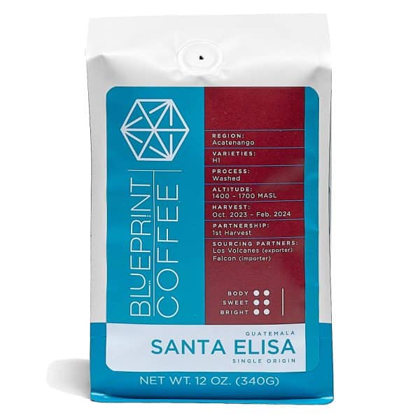 A 12-ounce bag of Santa Elisa coffee beans. The bag has the Blueprint Coffee logo in blue on the left half and the details on the coffee in brown on the right half.