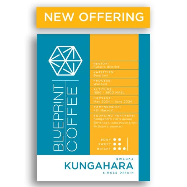 A 12-ounce bag of Kungahara coffee beans. The bag has the Blueprint Coffee logo in blue on the left half and the details on the coffee in yellow on the right half.