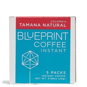 A 5-pack box of Tamana Natural Instant Coffee. It features Blueprint Coffee's logo in blue with the name of the coffee above it in red.
