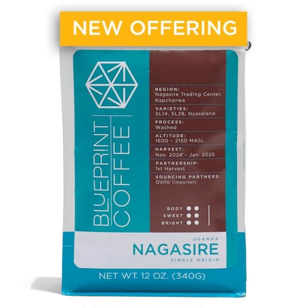 A 12-ounce bag of Nagasire, Uganda coffee beans. It features the Blueprint Coffee logo on the left half and coffee details in brown on the right half.