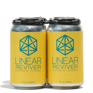 Four cans of Linear Reviver bundled together with a black TekPak carrier. The cans feature a yellow label with the Linear logo and description in blue.