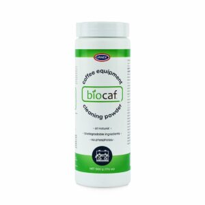 A white and green plastic jar of Biocaf Cleaning Powder. It features text with the product name and green accents.