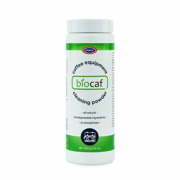 A white and green plastic jar of Biocaf Cleaning Powder. It features text with the product name and green accents.