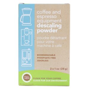A box of Full Circle brand descaling powder, which is used to maintain coffee brewers and mahines.