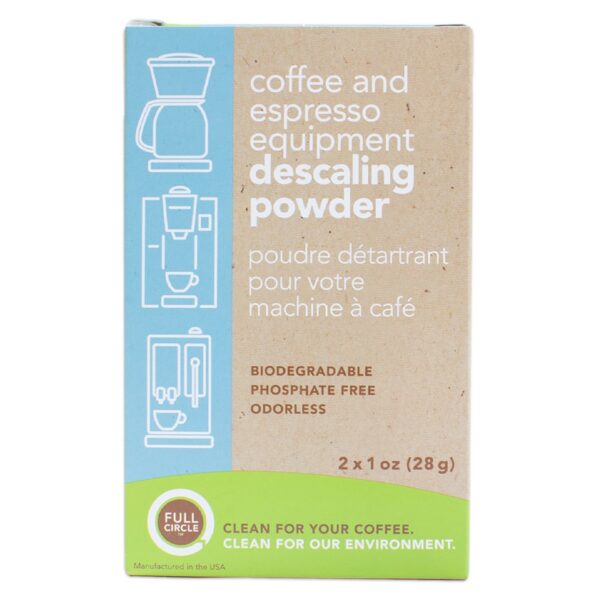 A box of Full Circle brand descaling powder, which is used to maintain coffee brewers and mahines.