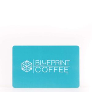 A blue plastic gift card for the Blueprint Coffee physical locations in St. Louis. It is a credit card-sized plastic card bearing the Blueprint Coffee logo.