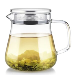 A 15-ounce glass tea brewer with tea at bottom of the brewer covered in water. Stainless steal led with strainer sits on top.