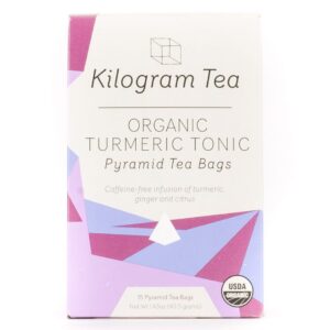 Box of Kilogram Tea Turmeric Tonic pyramid tea bags.