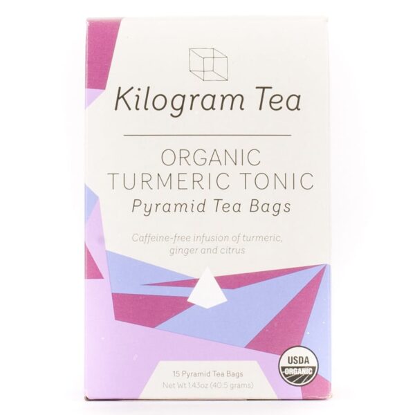Box of Kilogram Tea Turmeric Tonic pyramid tea bags.