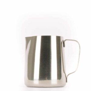 A 12-ounce stainless steel milk steaming pitcher.