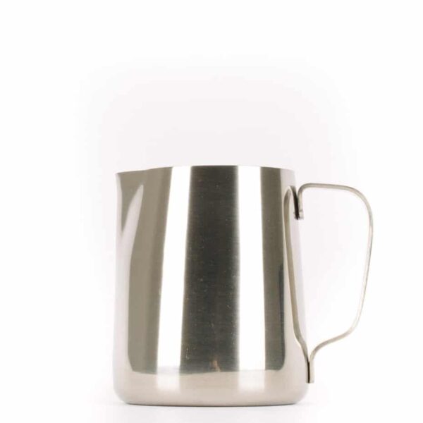 A 12-ounce stainless steel milk steaming pitcher.