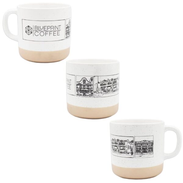 The Blueprint Cafés Mug is wrapped with original illustrations of our three locations.